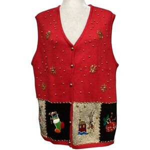 Vintage Red knit Christmas Embellished Holiday‎ Sweater Vest Cardigan Size 2X